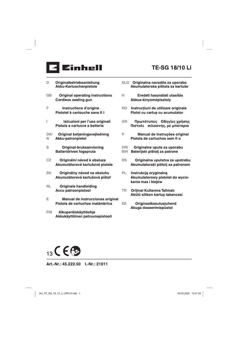 Page 1 de la notice Manuel utilisateur Einhell TE-SG 18/10 Li