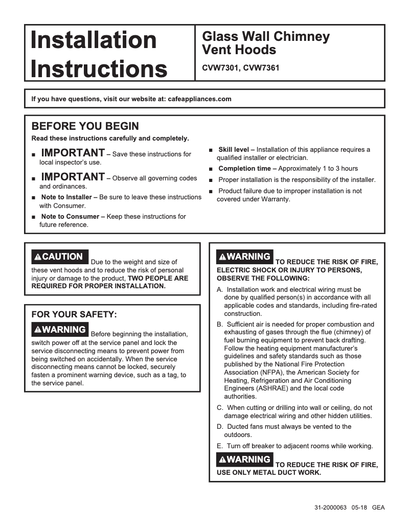 Page 1 of the manual Installation Guide GE CVW73014MWM