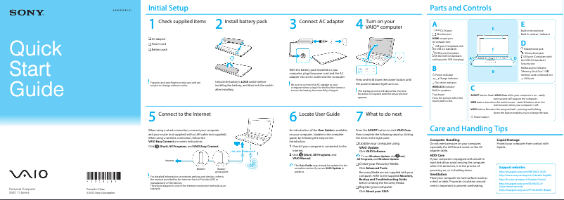 Page n°1 - Guide d'installation Sony Vaio SVE11115FDW
