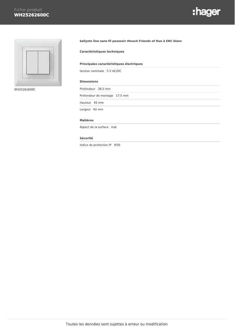 Page n°1 - Fiche technique Hager WH25262600C