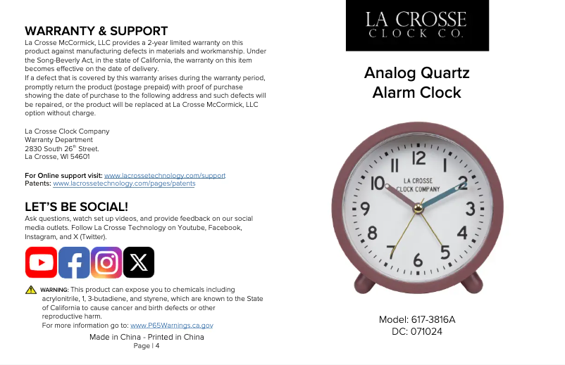 Page 1 de la notice Manuel utilisateur La Crosse Technology 617-3816A