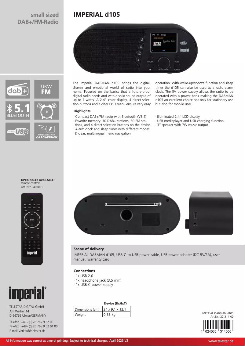 Page 1 de la notice Fiche technique Imperial DABMAN d105