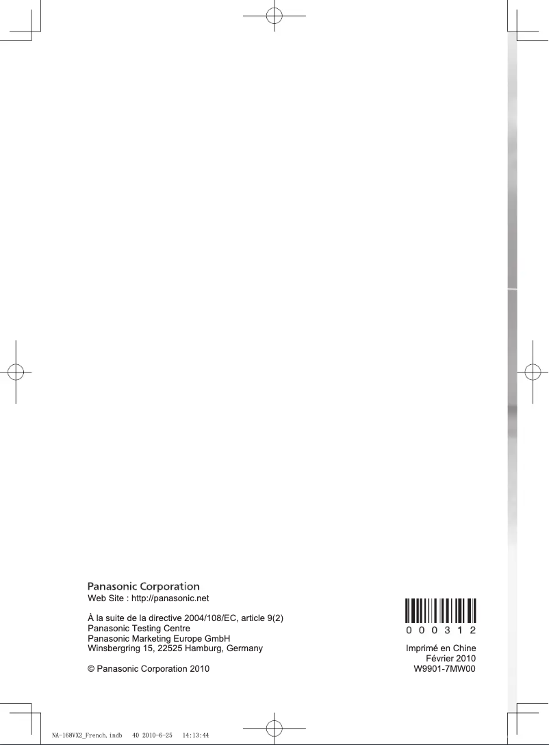 Page 1 de la notice Manuel utilisateur Panasonic NA-168VX2