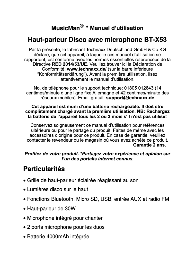 Page n°1 - Manuel utilisateur MusicMan BT-X53