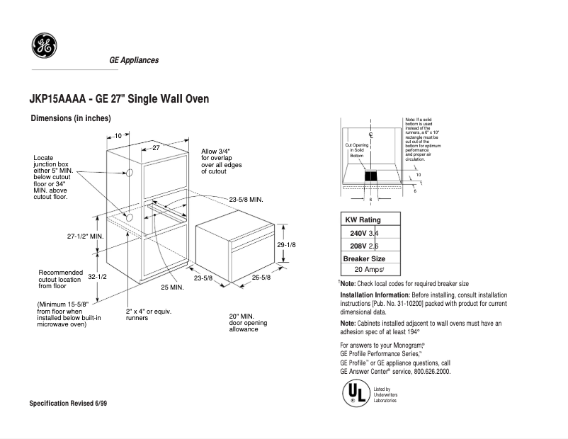Page n°1 - Fiche technique GE JKP15AAAA