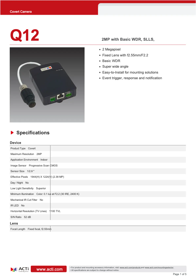 Page n°1 - Fiche technique ACTi Q12