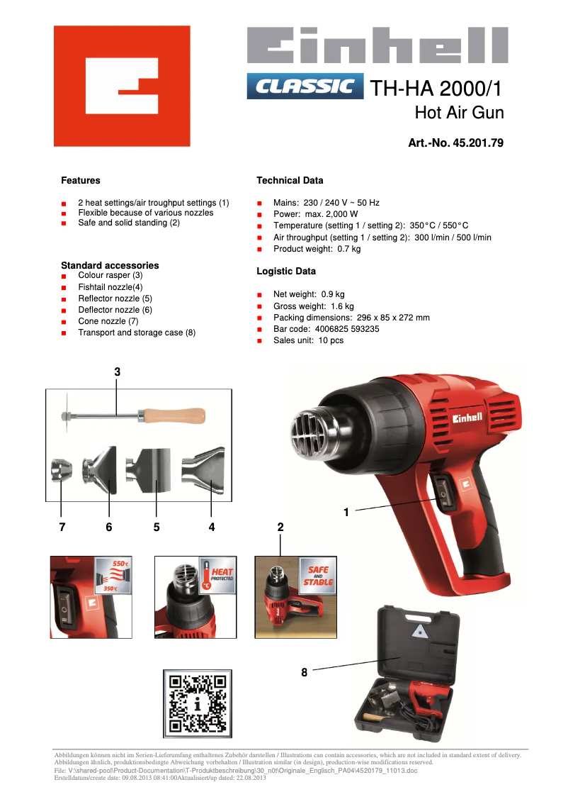 Page 1 de la notice Fiche technique Einhell TH-HA 2000/1
