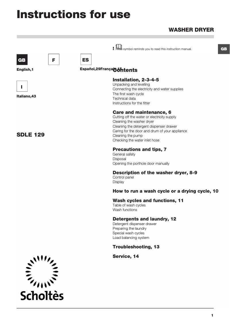 Página 1 del manual Manual de usuario Scholtès SDLE 129