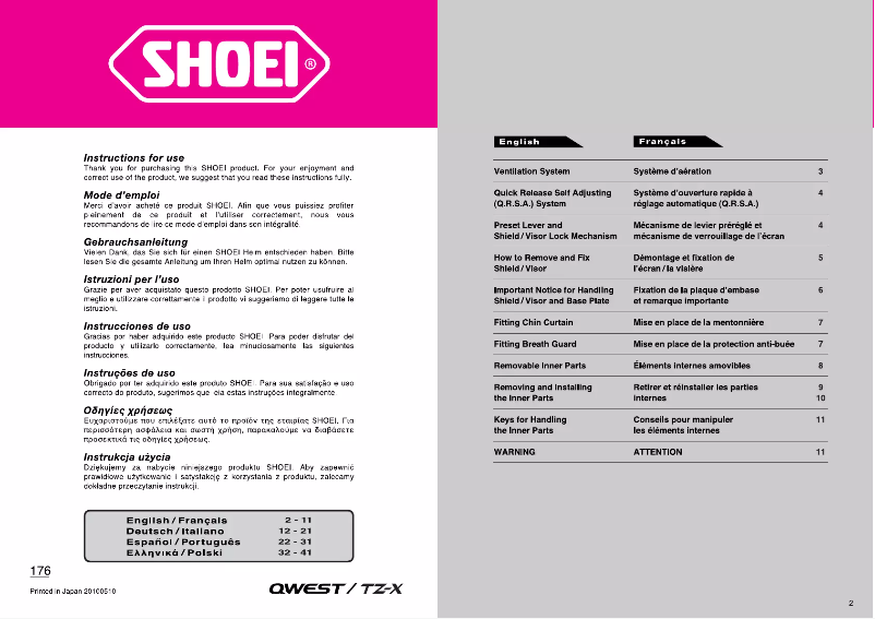 Page n°1 - Manuel utilisateur Shoei QWEST