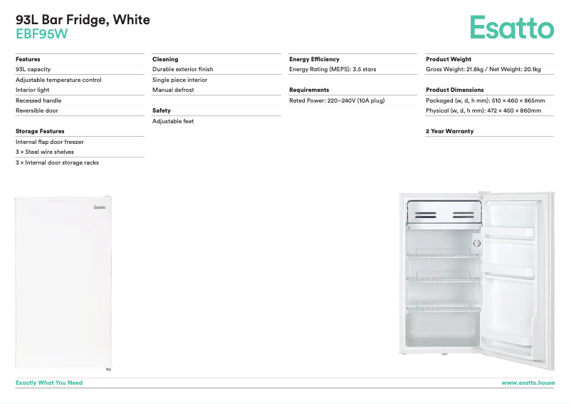 Page 1 de la notice Fiche technique Esatto EBF95W
