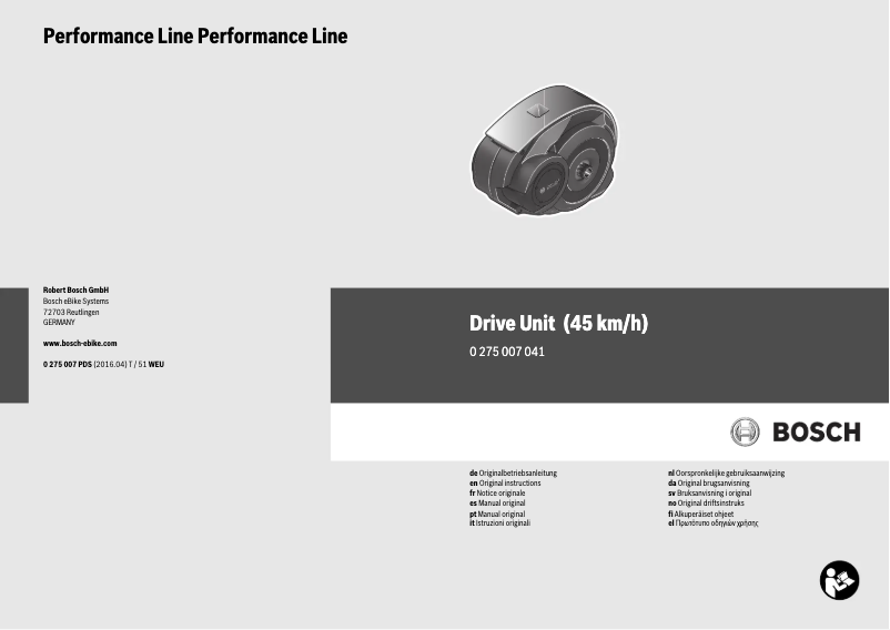 Page 1 de la notice Manuel utilisateur Bosch Performance Line Drive Unit 45 km-h