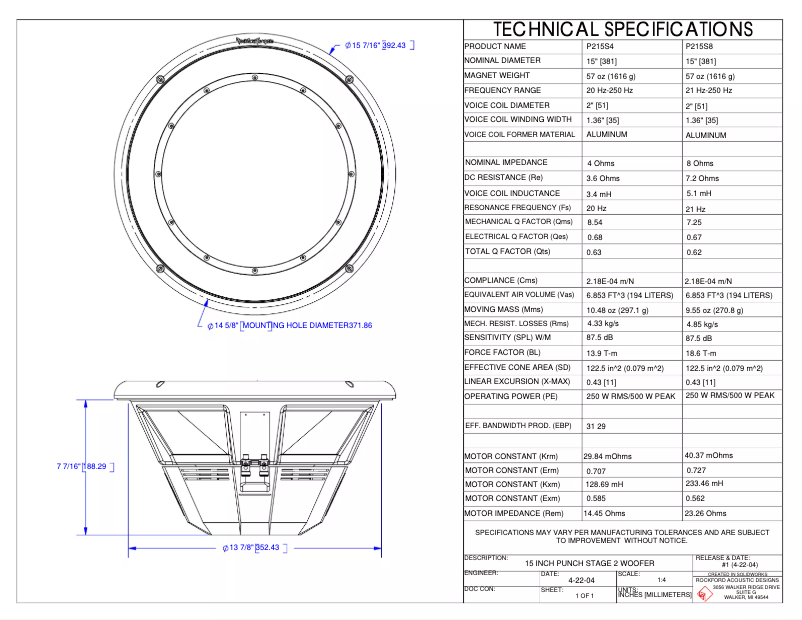 Page 1 de la notice Fiche technique Rockford Fosgate P210S8