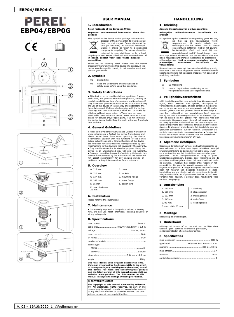 Page 1 de la notice Manuel utilisateur Perel EBP04G