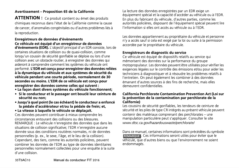 Page 1 de la notice Manuel utilisateur Honda Fit (2016)