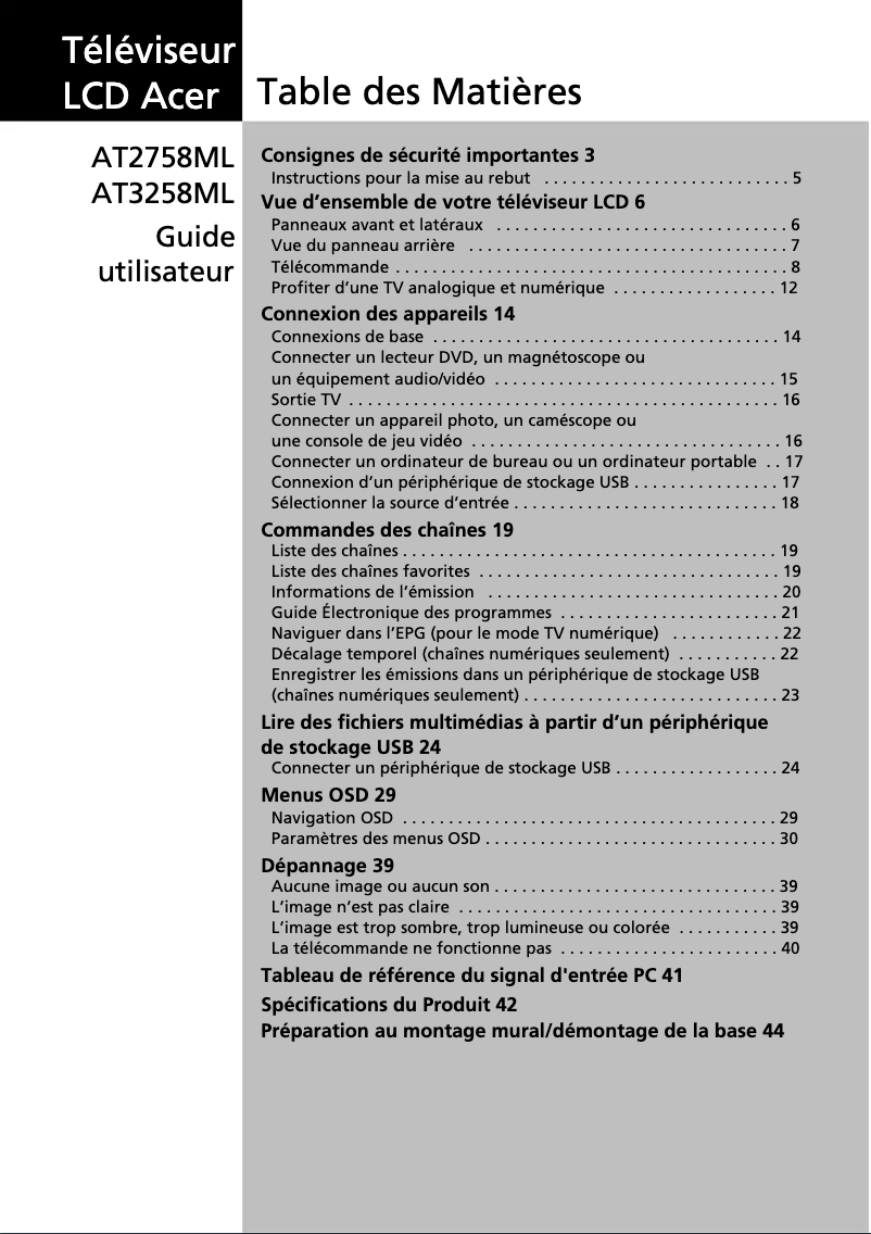 Image de la première page du manuel de l'appareil AT3258ML