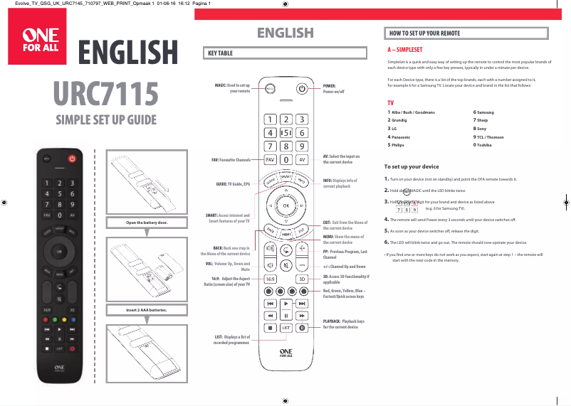 Page 1 de la notice Manuel utilisateur One for all URC7115