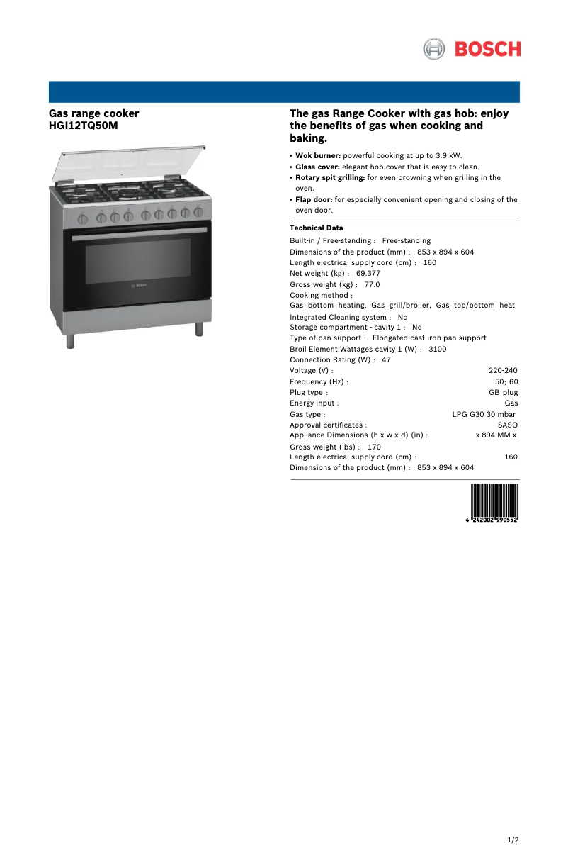 Page 1 de la notice Fiche technique Bosch HGI12TQ50M