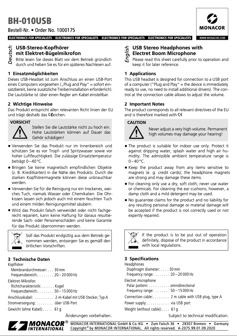 Page 1 de la notice Manuel utilisateur Monacor BH-010USB