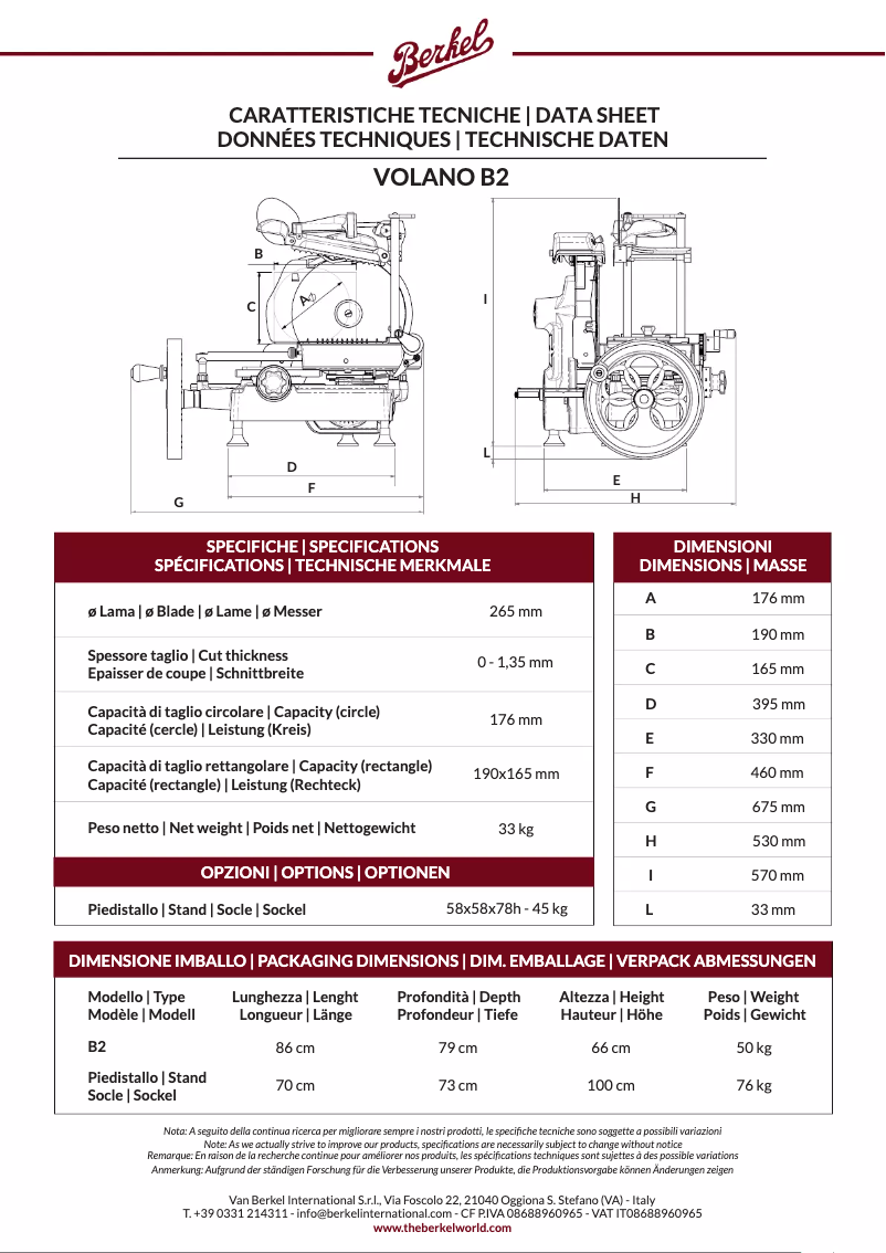 Page 1 de la notice Fiche technique Berkel Volano B2