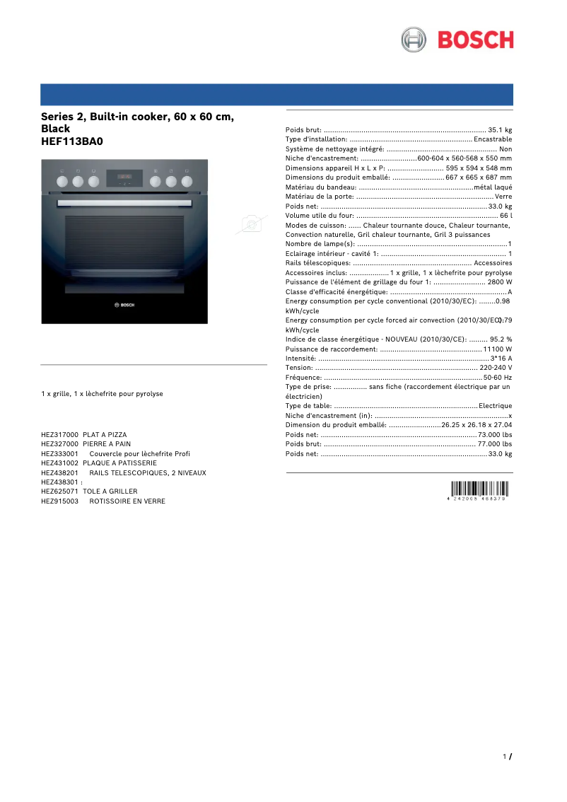 Page 1 de la notice Fiche technique Bosch HEF113BA0