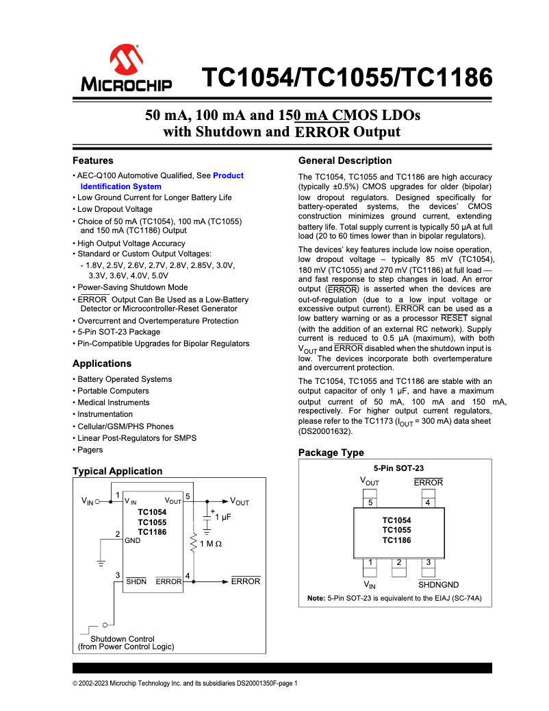 Page 1 de la notice Fiche technique Microchip TC1055