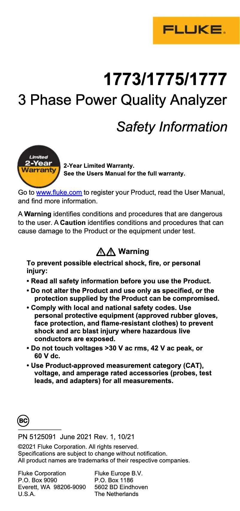 Page 1 de la notice Instructions de sécurité Fluke 1770