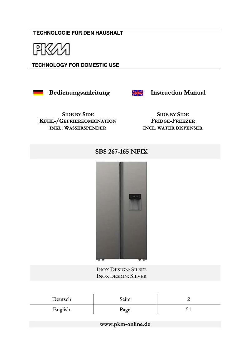 Page 1 de la notice Manuel utilisateur PKM SBS 267-165 NFIX