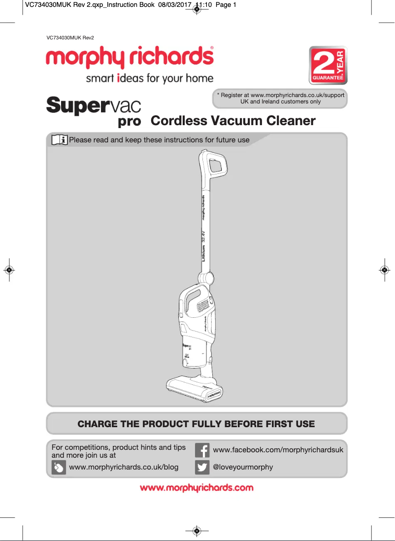 Page 1 de la notice Manuel utilisateur Morphy Richards Supervac Pro734030