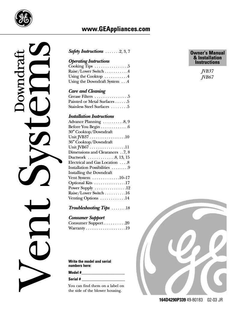 Page 1 of the manual Use and Maintenance Manual GE Profile JVB67AWW