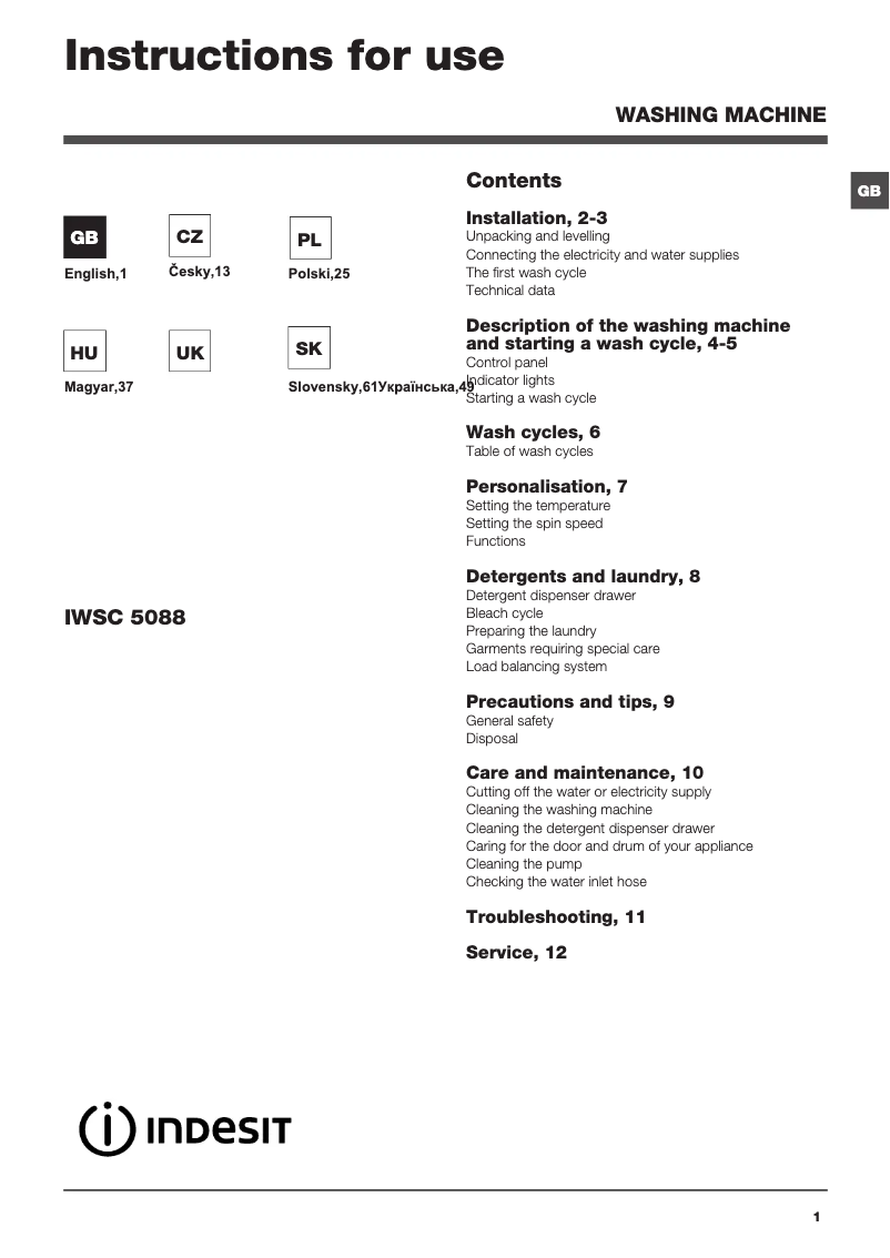 Page 1 of the manual User Manual Indesit IWSC 5088