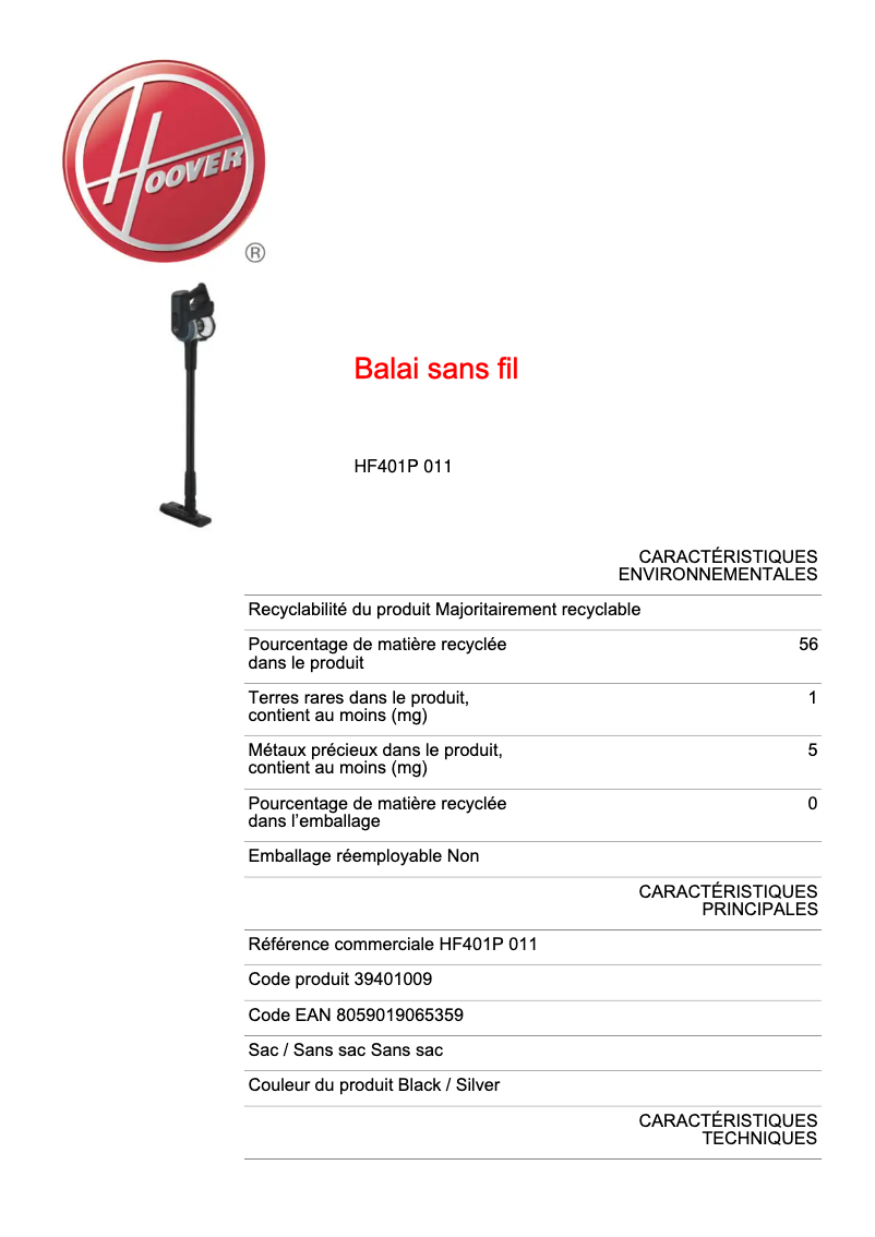 Page n°1 - Fiche technique Hoover HF401P 011