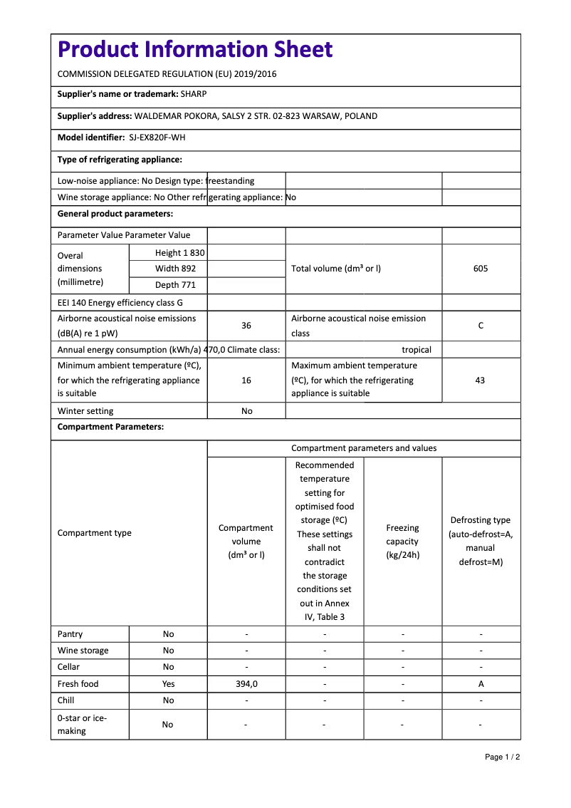 Page 1 de la notice Manuel utilisateur Sharp SJ-EX820FWH