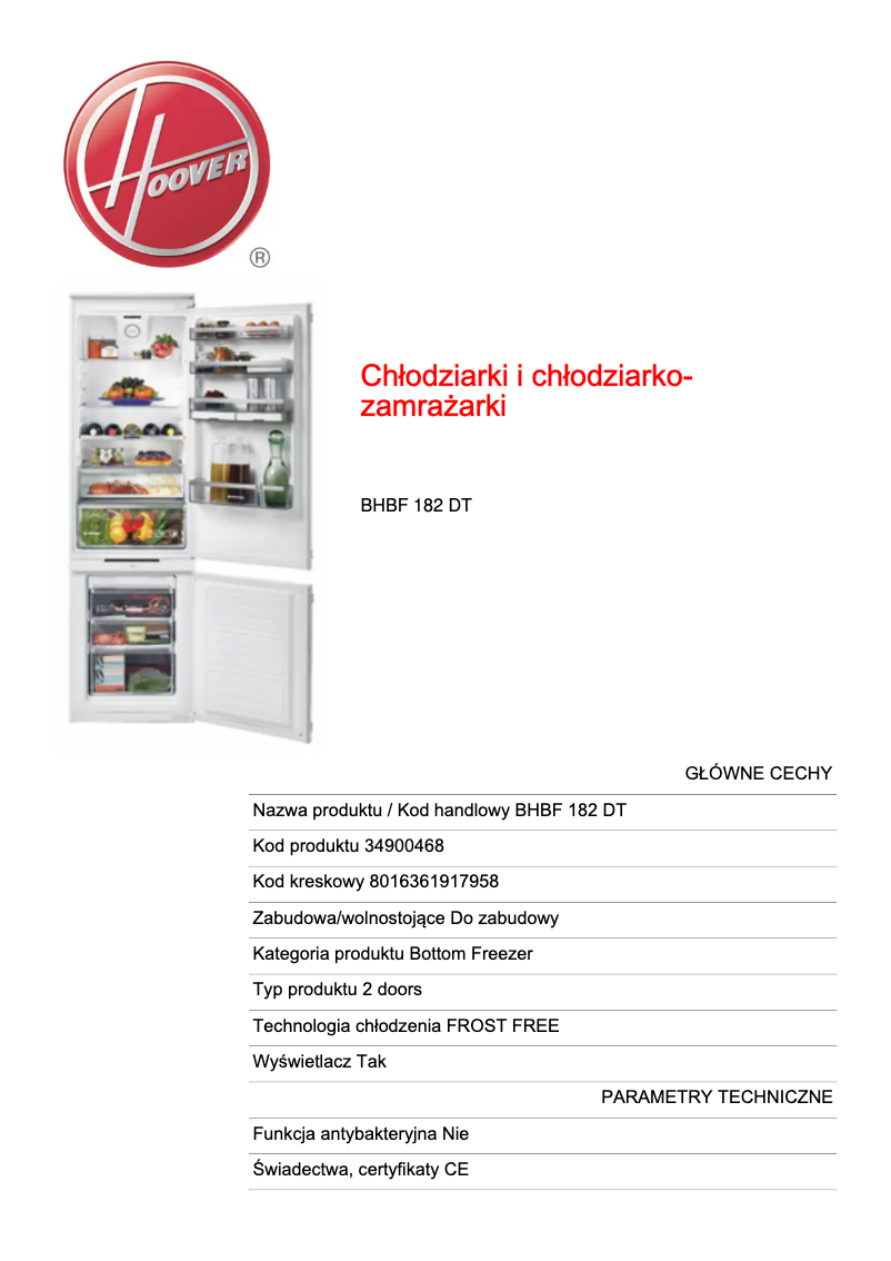 Page n°1 - Fiche technique Hoover BHBF 182 DT