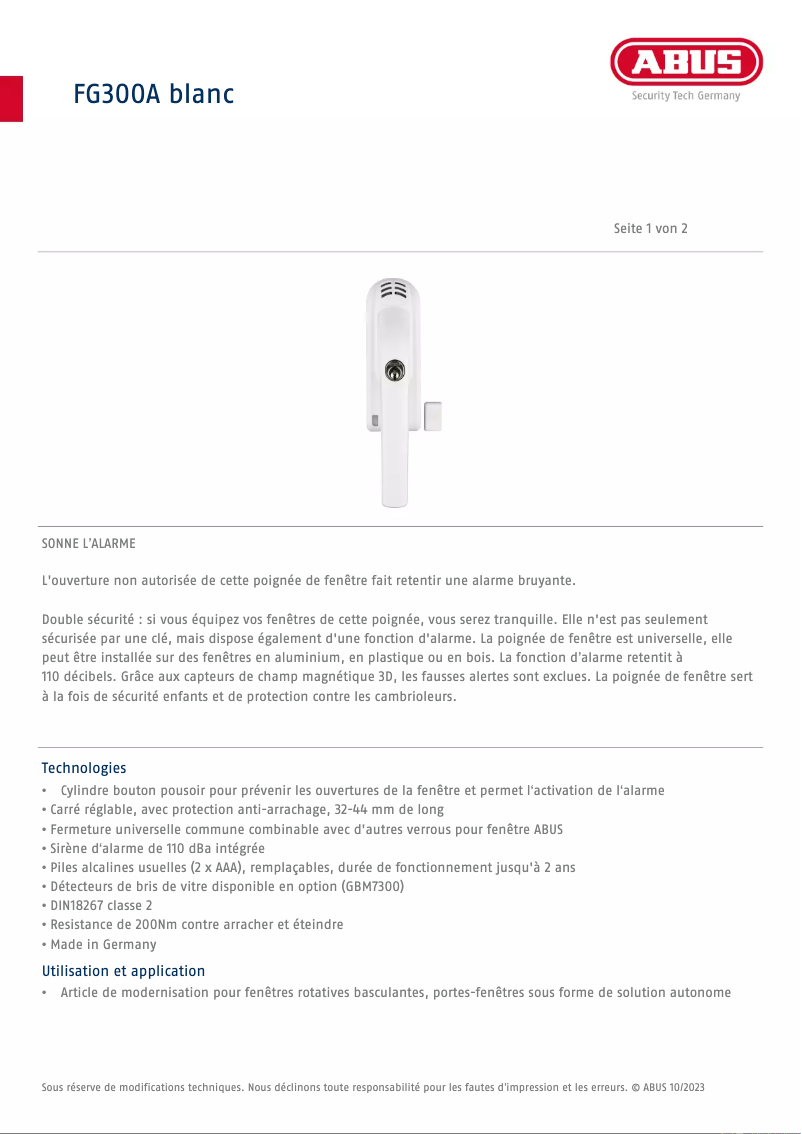 Page n°1 - Fiche technique Abus FG300A