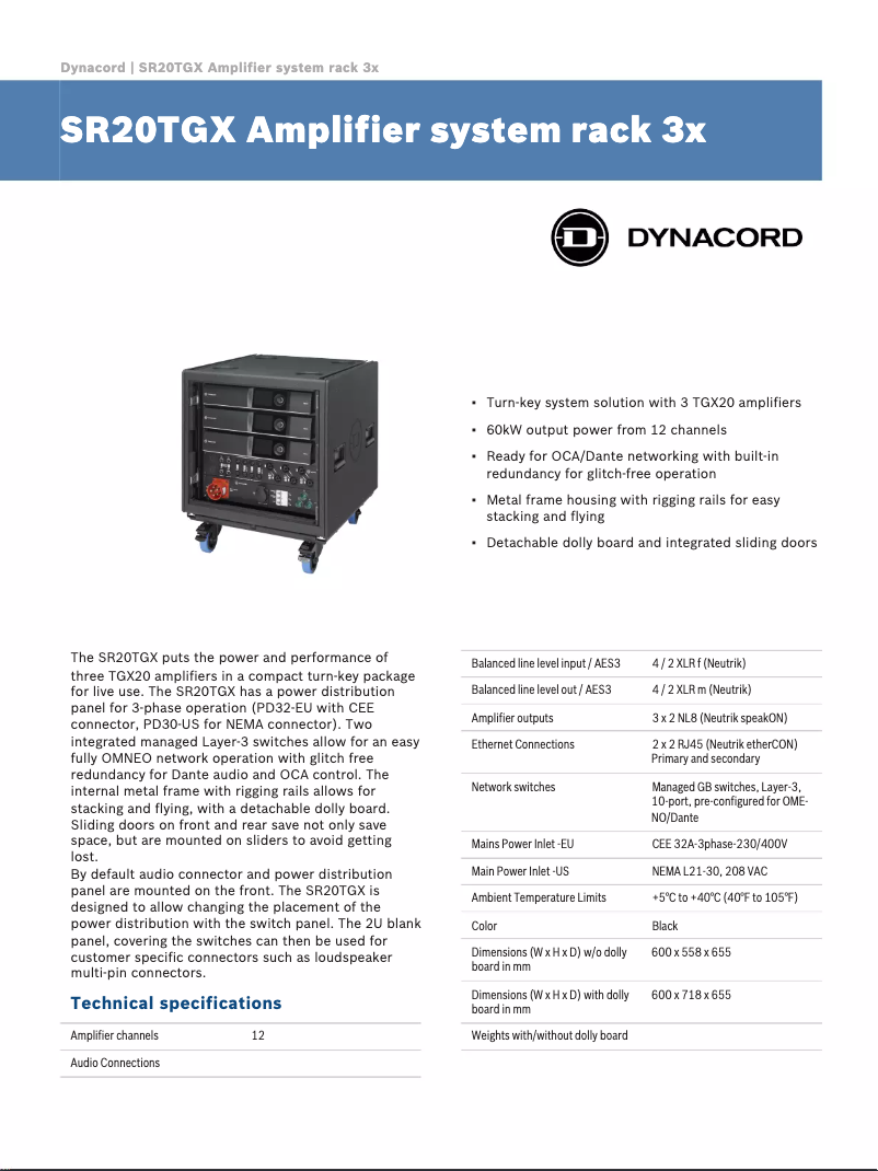 Page n°1 - Fiche technique Dynacord SR20TGX System Rack