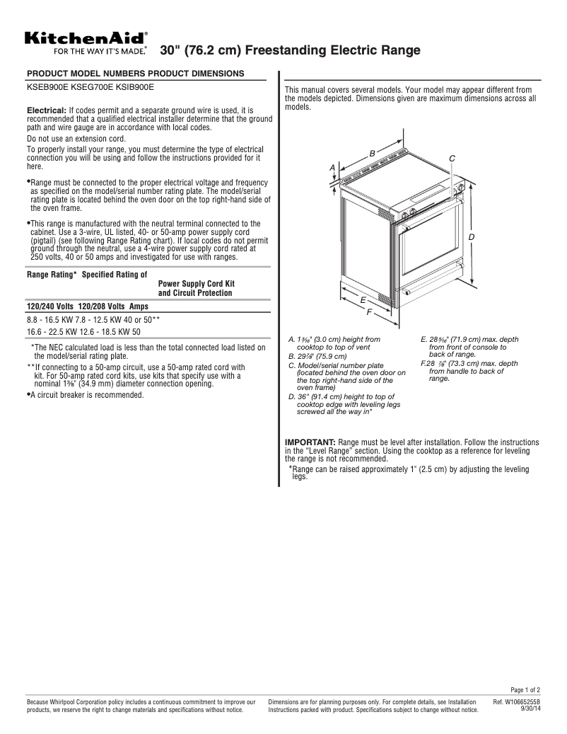 Página 1 del manual Ficha técnica KitchenAid KSEG700ESS