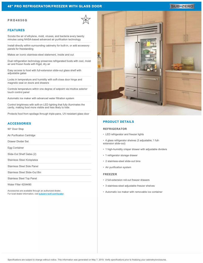 Page 1 de la notice Fiche technique Sub-Zero PRO4850G