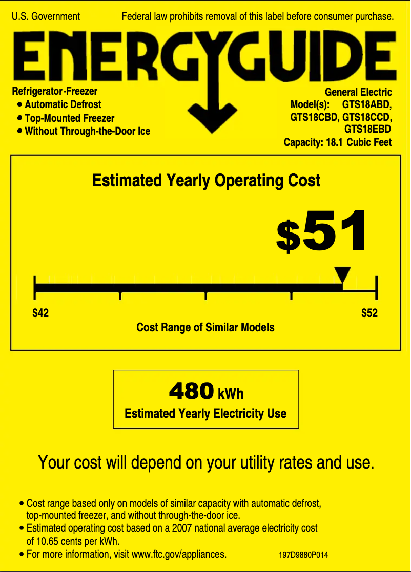 Page 1 de la notice Label énergétique GE GTS18EBDBB