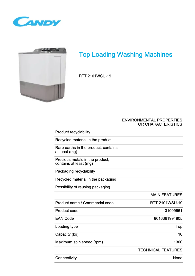 Page 1 de la notice Fiche technique Candy RTT 2101WSU-19