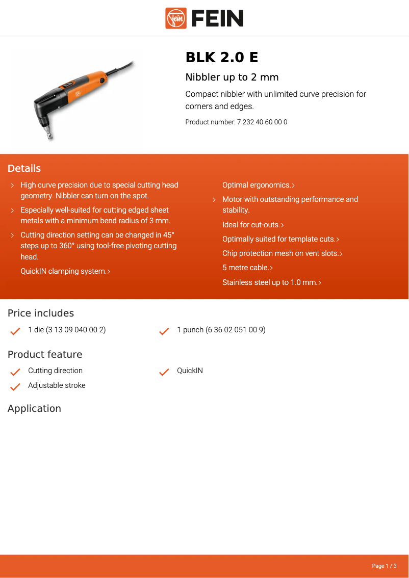 Page 1 de la notice Fiche technique Fein BLK 2.0 E