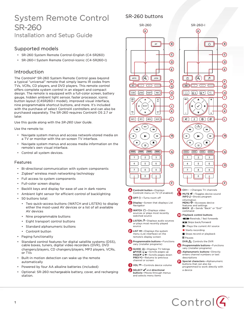 Page 1 de la notice Guide d'installation Control4 SR-260