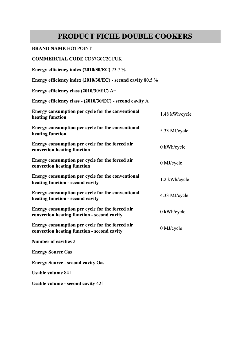 Página 1 del manual Ficha técnica Hotpoint CD67G0C2CJ/UK