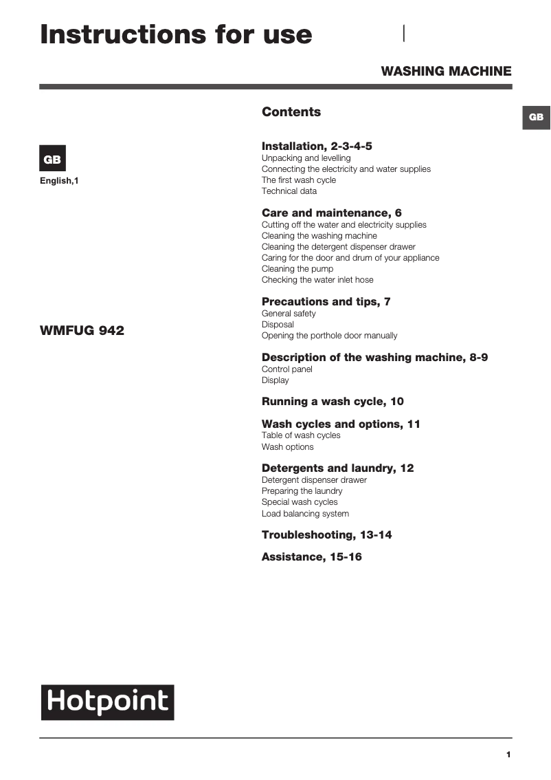 Page 1 de la notice Manuel utilisateur Hotpoint WMFUG 942P UK