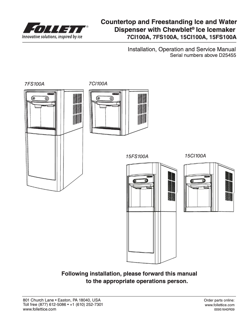 Page 1 de la notice Manuel d'utilisation et d'entretien Follett 7CI100A-IW-NF-ST-00