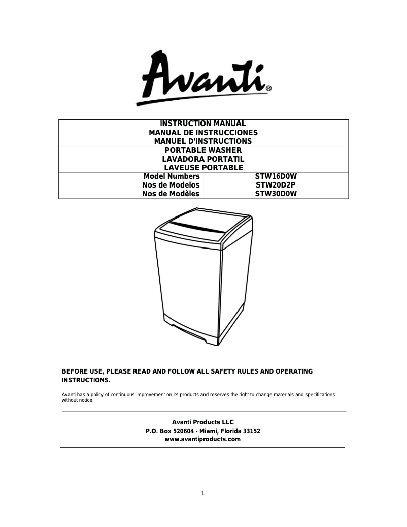 Página 1 del manual Manual de usuario Avanti STW16D0W