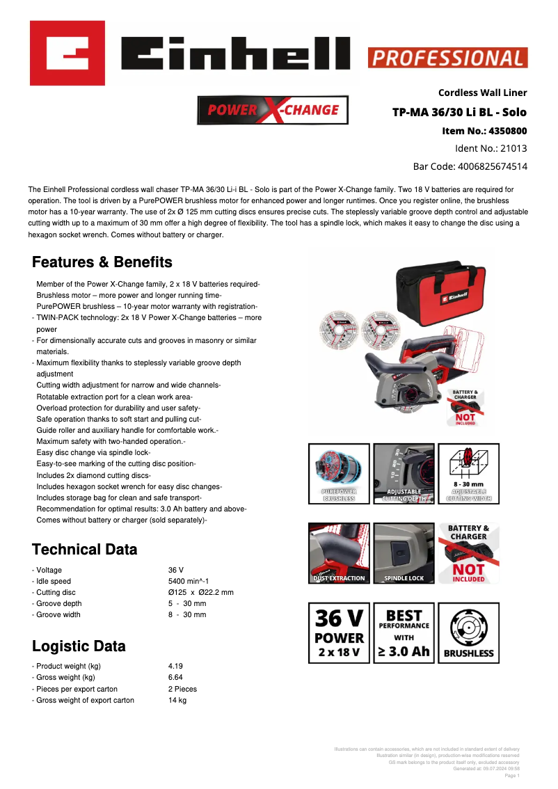 Page 1 de la notice Fiche technique Einhell TP-MA 36/30 Li BL