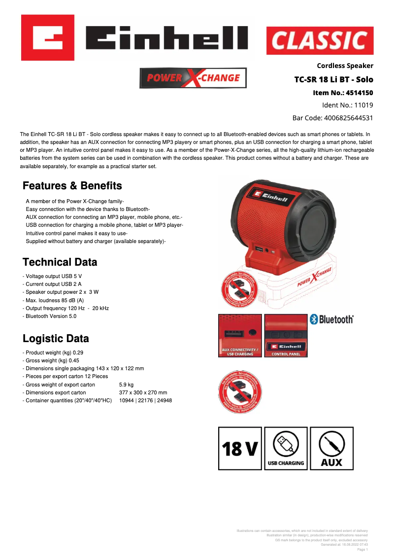 Page 1 de la notice Fiche technique Einhell TC-SR 18 Li BT