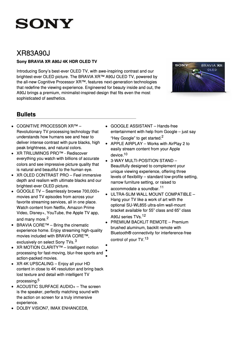 Page 1 de la notice Fiche technique Sony Bravia XR-83A90J