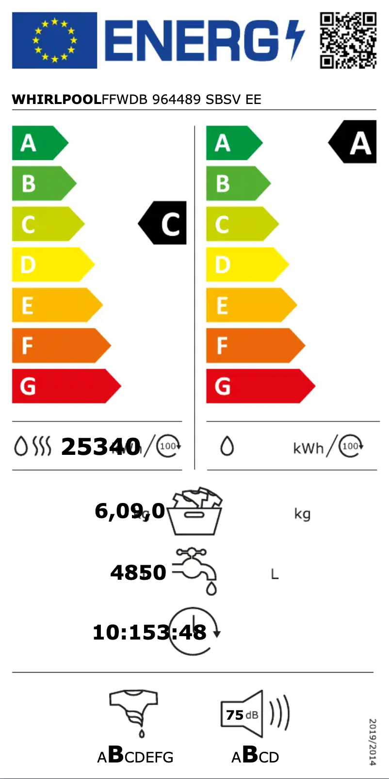 Page 1 de la notice Label énergétique Whirlpool FFWDB 964489 SBSV EE