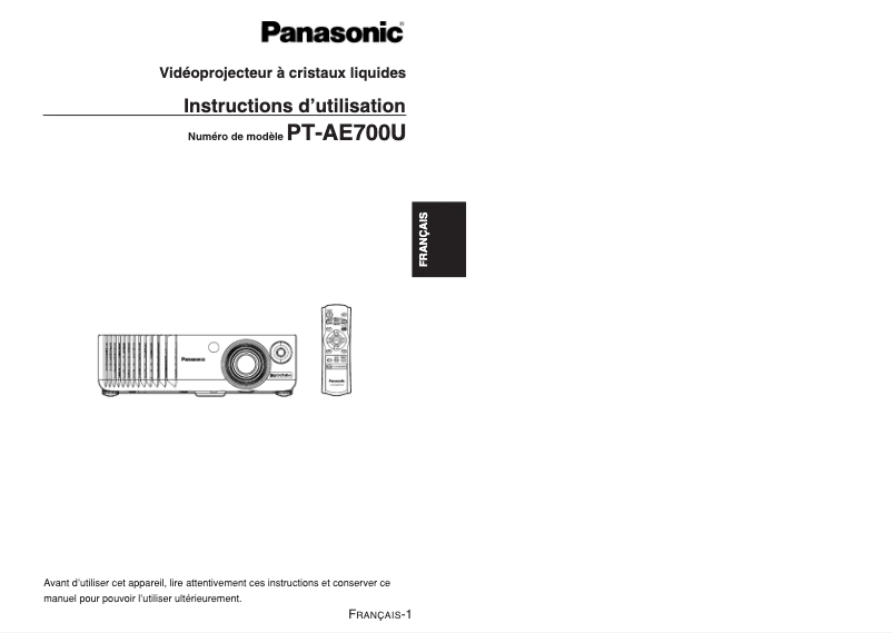 Page 1 de la notice Manuel utilisateur Panasonic PT-AE700U